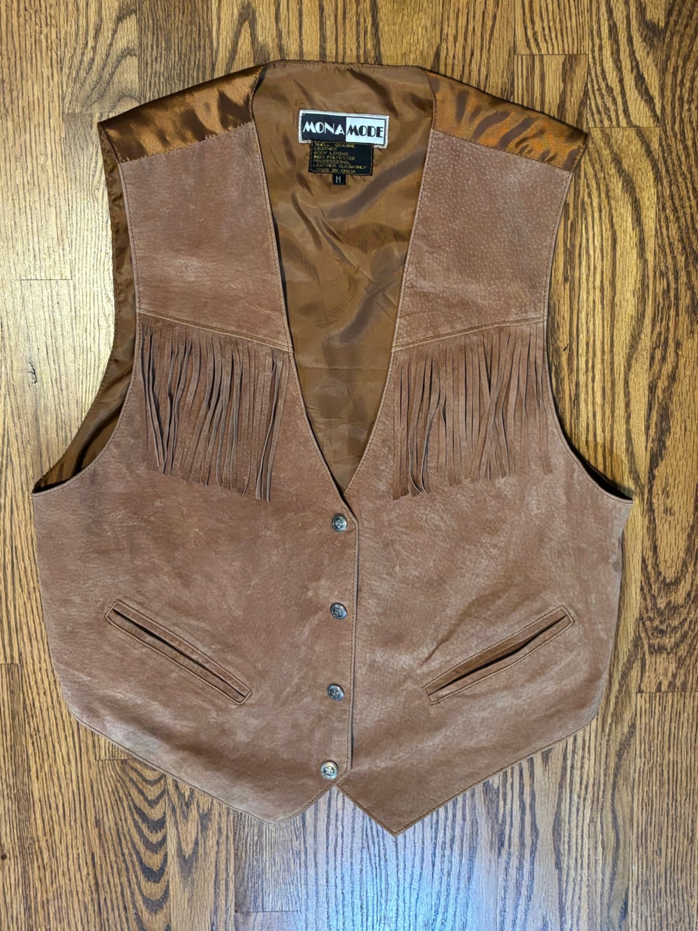 Vintage Mona Mode Fringed Suede Vest Brown Leather Boho Western Cowboy Medium